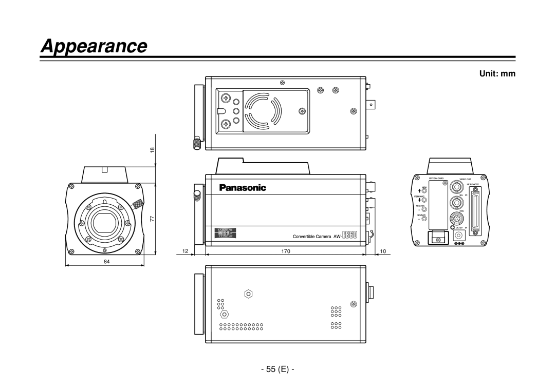 Panasonic AW-E860L manual Appearance, Unit mm, 55 E 