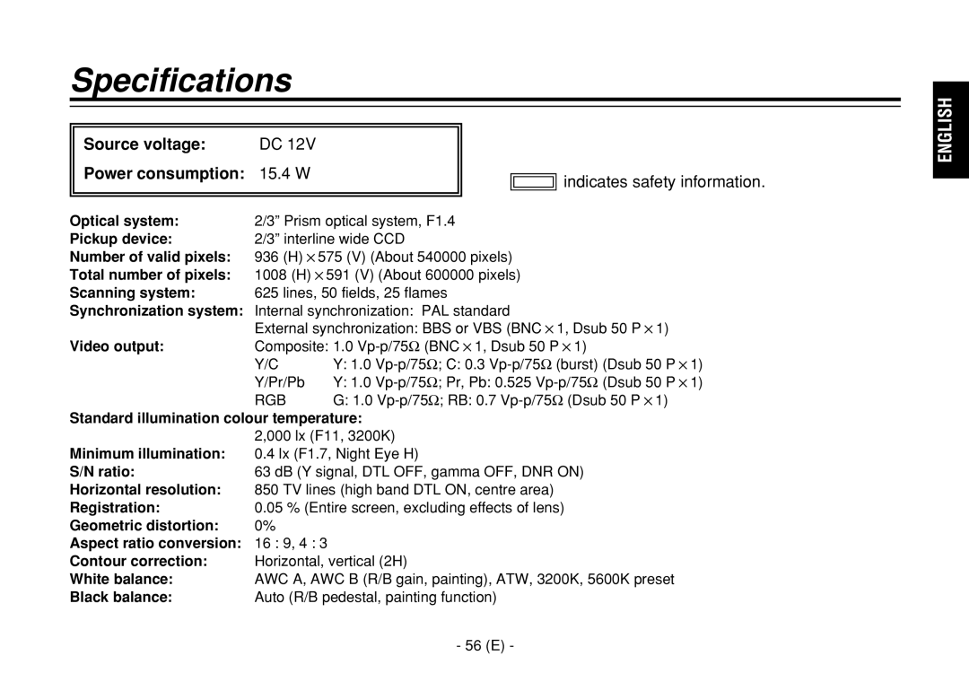 Panasonic AW-E860L manual Specifications, Source voltage Power consumption 