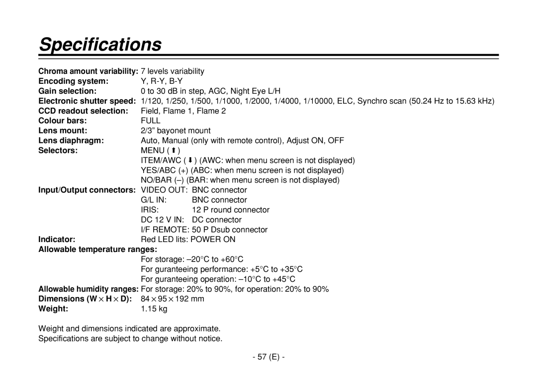 Panasonic AW-E860L Gain selection, Electronic shutter speed, CCD readout selection, Colour bars, Lens mount, Selectors 