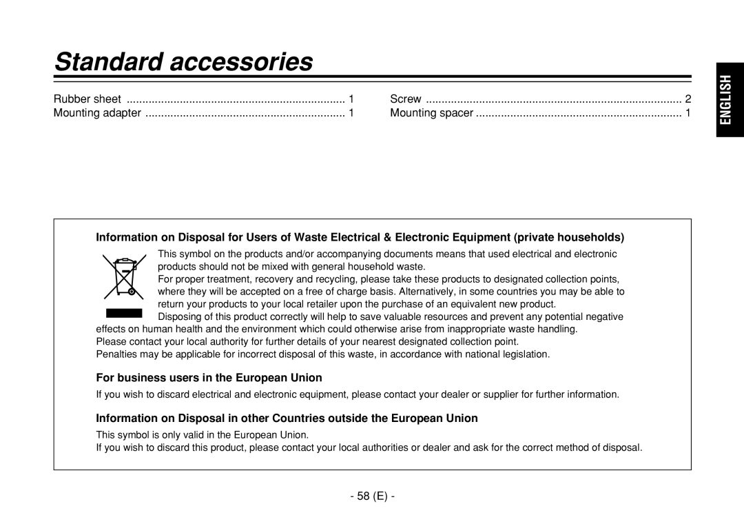 Panasonic AW-E860L manual Standard accessories, Rubber sheet Screw Mounting adapter Mounting spacer, 58 E 