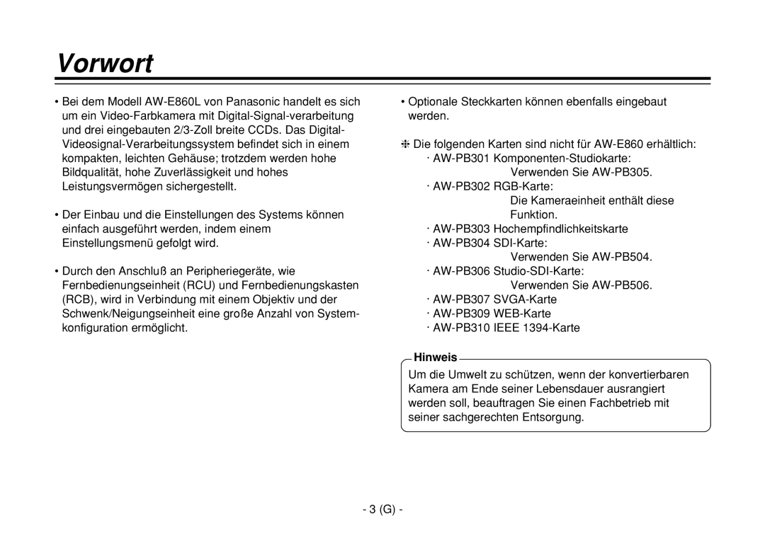 Panasonic AW-E860L manual Vorwort, Hinweis 