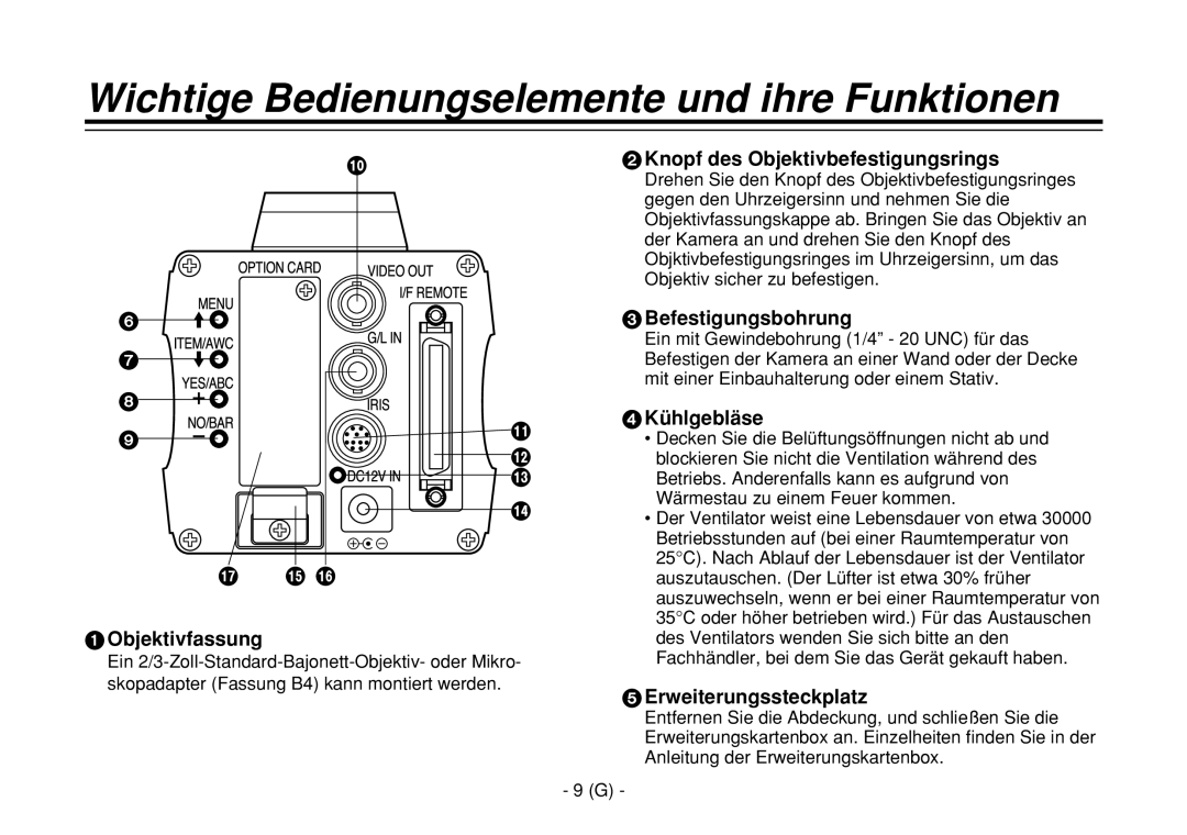 Panasonic AW-E860L manual Objektivfassung, Knopf des Objektivbefestigungsrings, Befestigungsbohrung, Kühlgebläse 