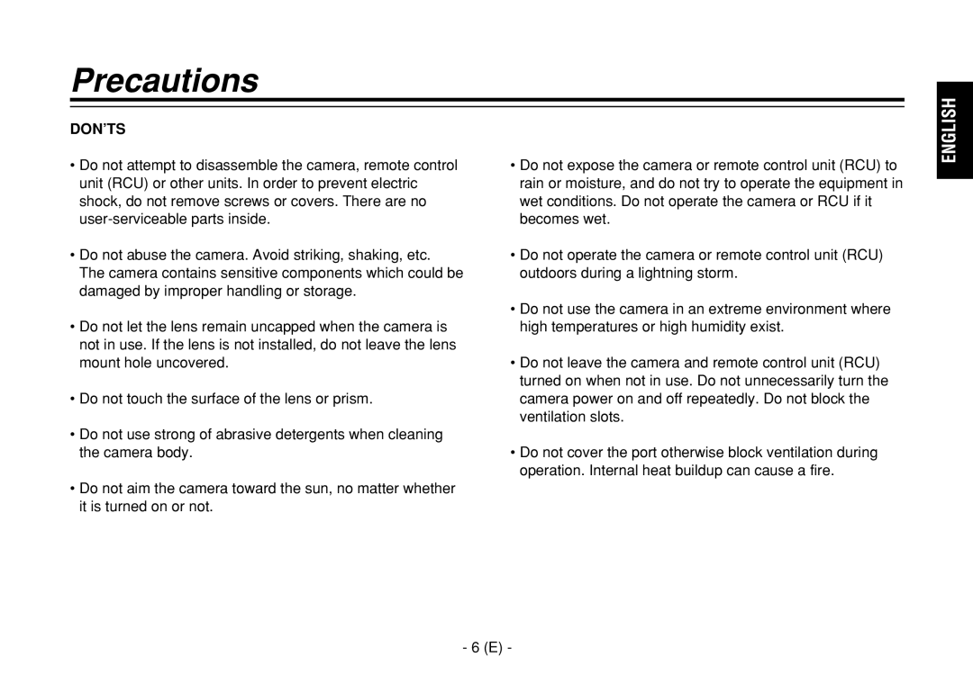 Panasonic AW-E860L manual Precautions, Don’Ts 