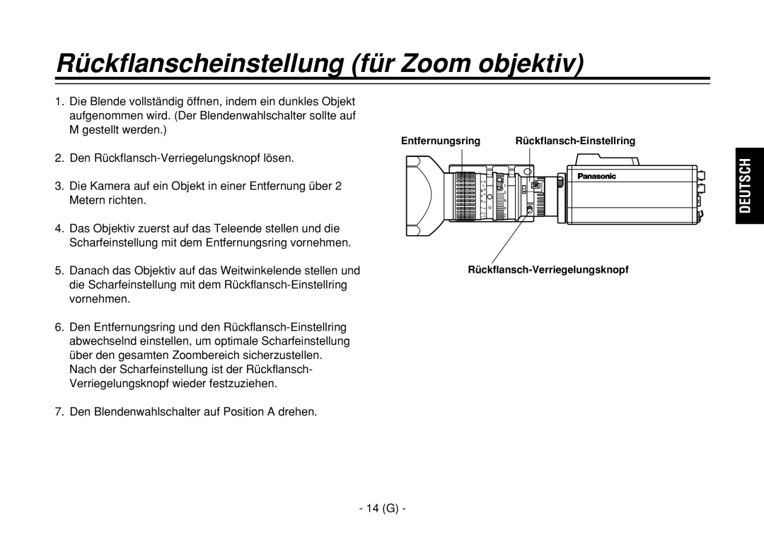 Panasonic AW-E860L manual Rückflanscheinstellung für Zoom objektiv, 14 G, Entfernungsring 