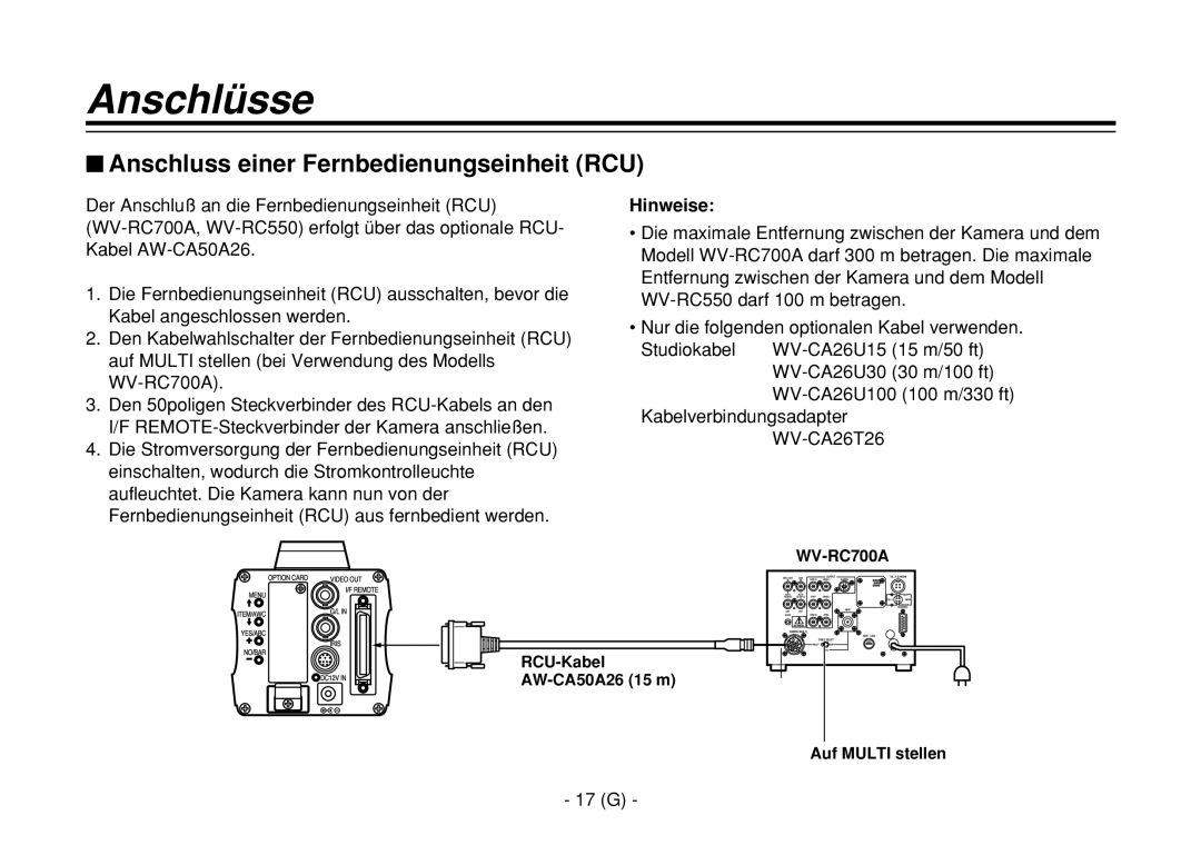 Panasonic AW-E860L manual $ Anschluss einer Fernbedienungseinheit RCU, Hinweise, 17 G 