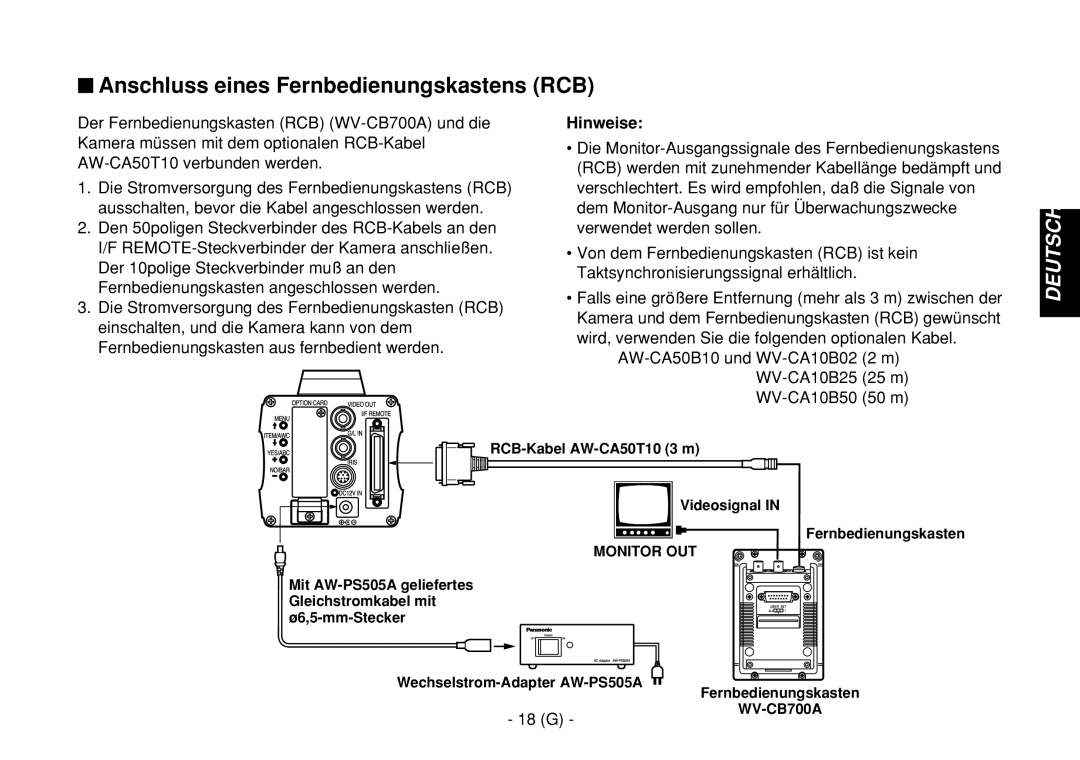 Panasonic AW-E860L $ Anschluss eines Fernbedienungskastens RCB, 18 G, Wechselstrom-Adapter AW-PS505A Fernbedienungskasten 