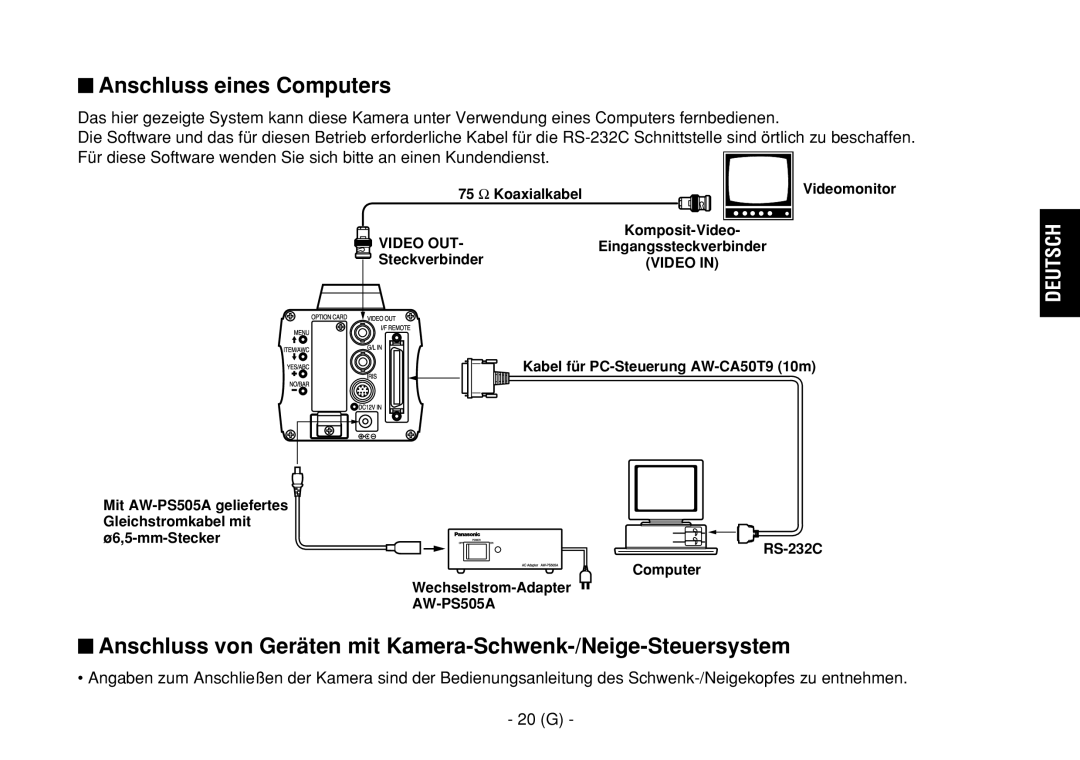 Panasonic AW-E860L manual $ Anschluss eines Computers, 20 G, Kabel für PC-Steuerung AW-CA50T9 10m 