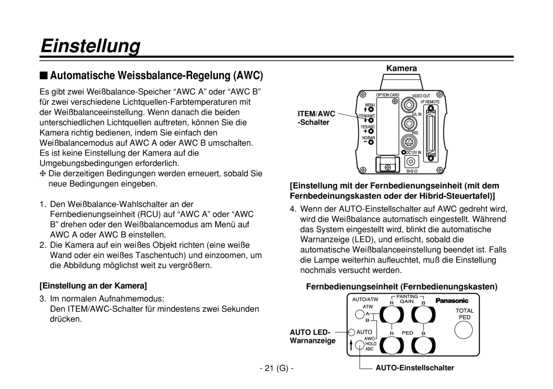 Panasonic AW-E860L manual $ Automatische Weissbalance-Regelung AWC, Einstellung an der Kamera 