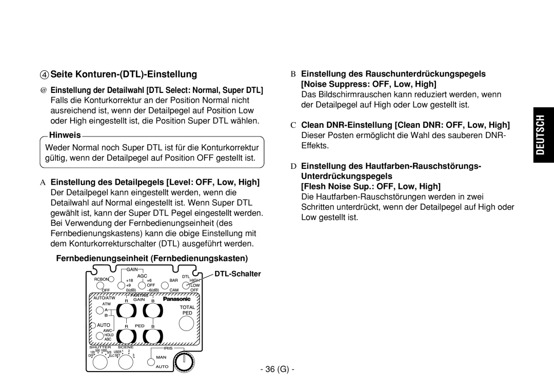 Panasonic AW-E860L manual Seite Konturen-DTL-Einstellung, 36 G, DTL-Schalter 