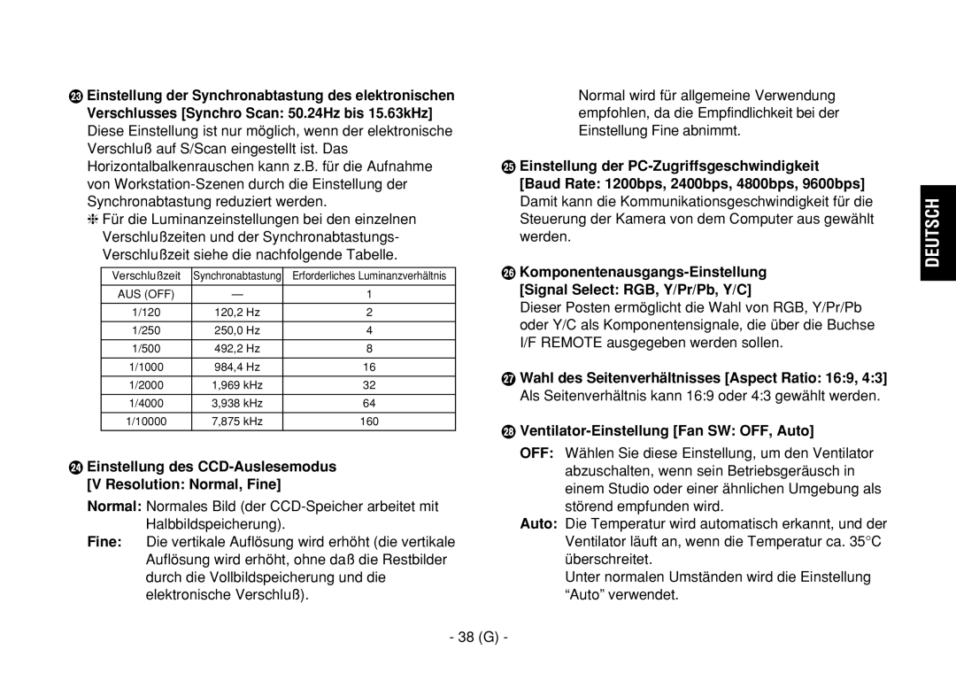 Panasonic AW-E860L manual Einstellung des CCD-Auslesemodus V Resolution Normal, Fine, 38 G 