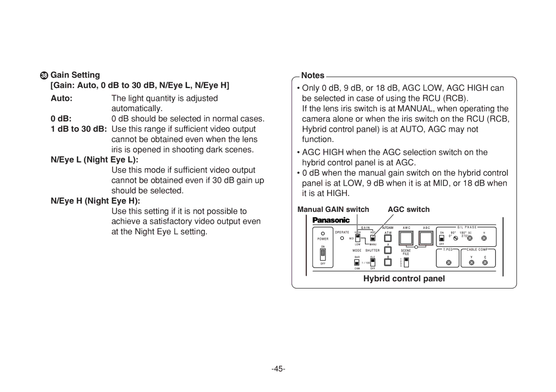 Panasonic AW-E860N manual Gain Setting Gain Auto, 0 dB to 30 dB, N/Eye L, N/Eye H, Eye L Night Eye L 