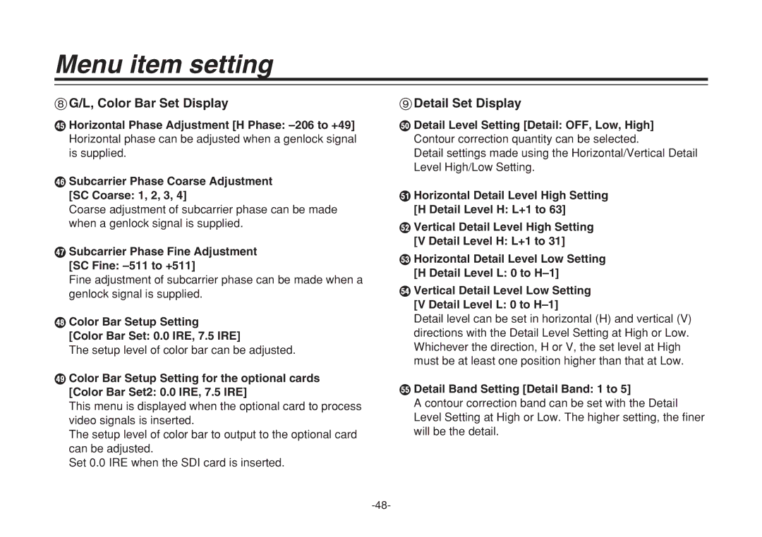 Panasonic AW-E860N manual Detail Set Display, Subcarrier Phase Fine Adjustment SC Fine -511 to +511 