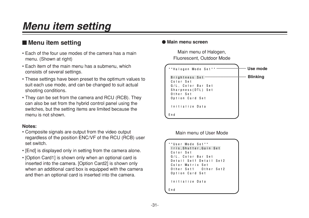 Panasonic AW-E860N manual $ Menu item setting, Main menu screen 