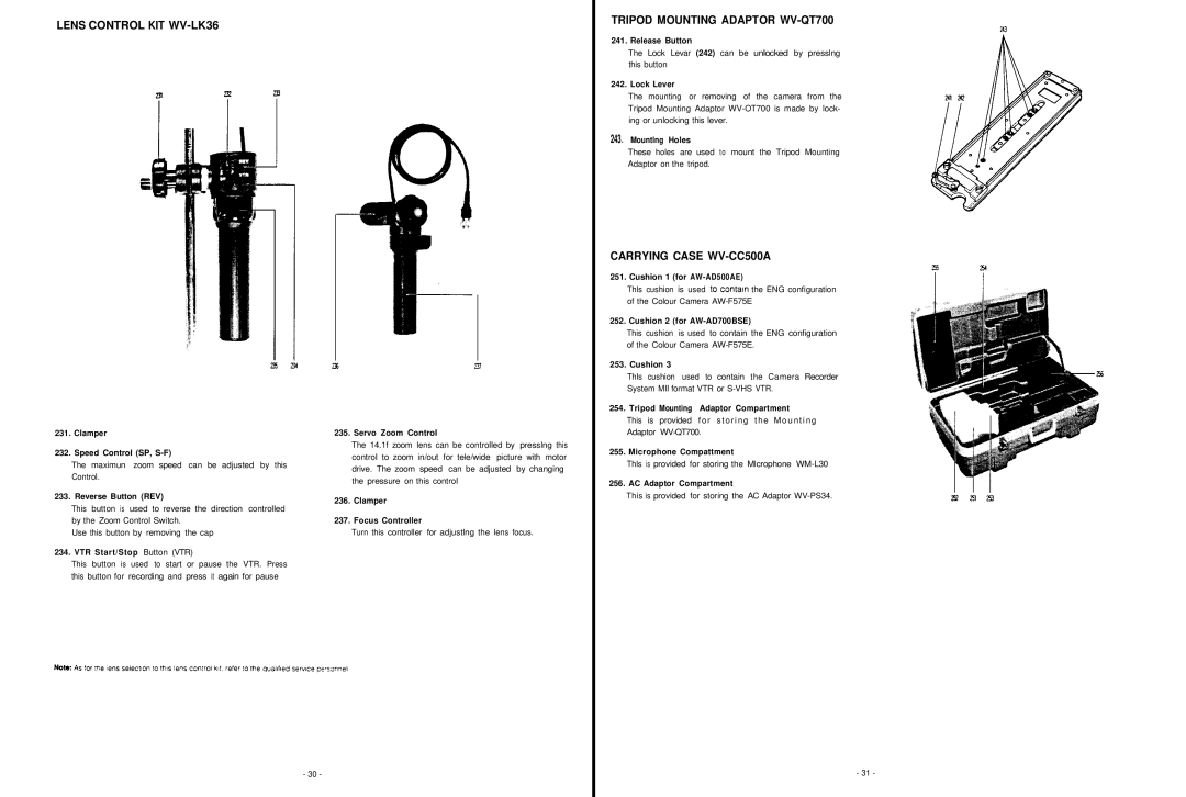 Panasonic AW-F575E manual Lens Control KIT WV-LK36 Tripod Mounting Adaptor WV-QT700, Carrying Case WV-CC500A 