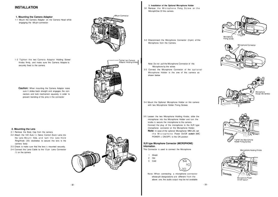 Panasonic AW-F575E manual Installation, Mounting the Camera Adaptor, Mounting the Lens 