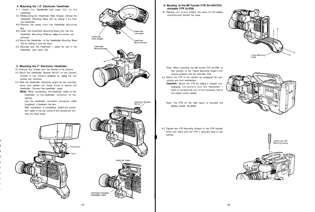 Panasonic AW-F575E manual Mounting the 1.5 Electronic Viewfinder, Mounting the 5 Electronic Viewfinder 