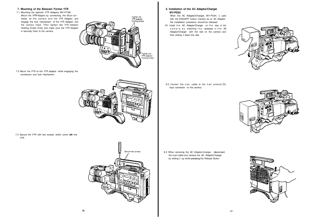 Panasonic AW-F575E manual Mounting of the Betacam Format VTR, Installation of the AC Adaptor/Charger WV-PS34 