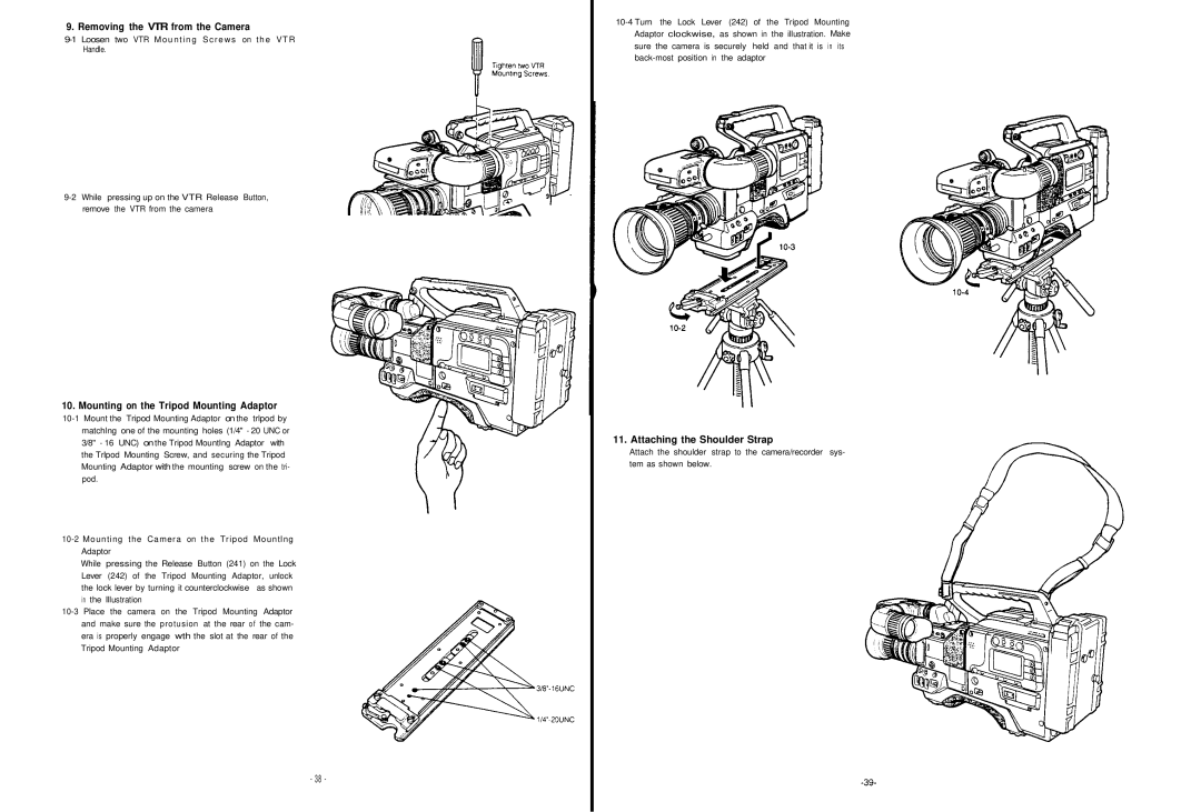 Panasonic AW-F575E Removing the VTR from the Camera, Mounting on the Tripod Mounting Adaptor, Attaching the Shoulder Strap 