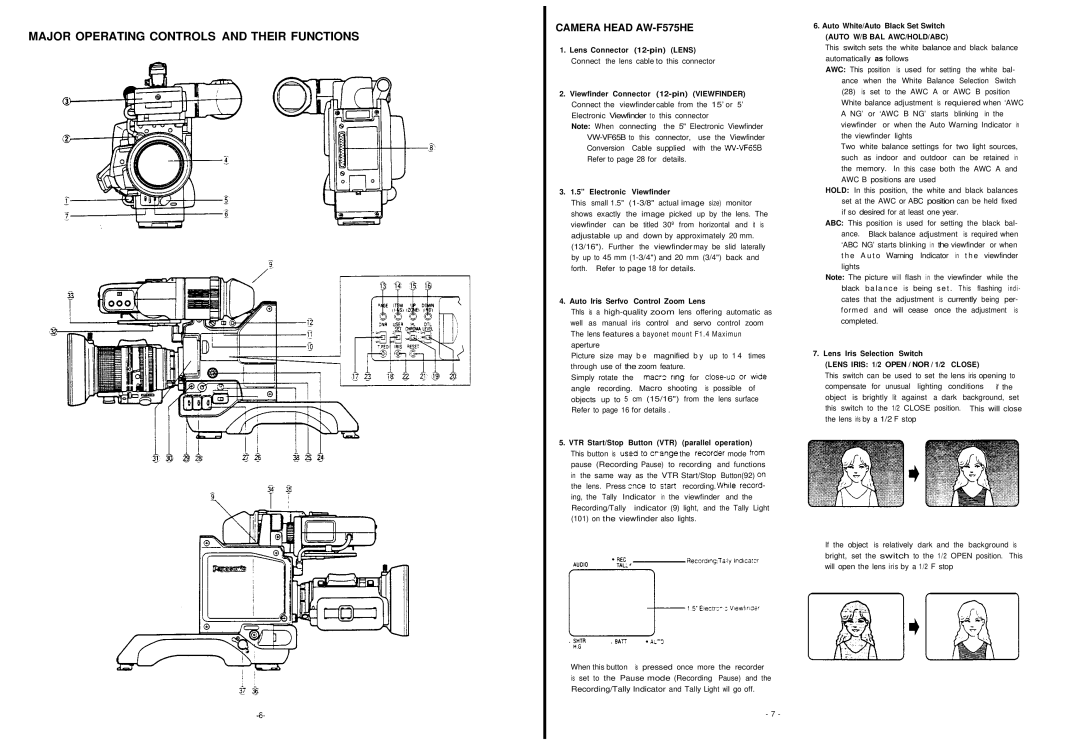 Panasonic AW-F575E Major Operating Controls and Their Functions, Camera Head AW-F575HE, Auto Iris Serfvo Control Zoom Lens 