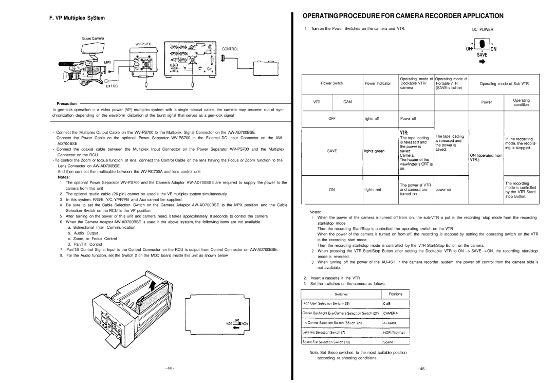 Panasonic AW-F575E manual Operating Procedure for Camera Recorder Application, Vtr, Precaution, Positions 