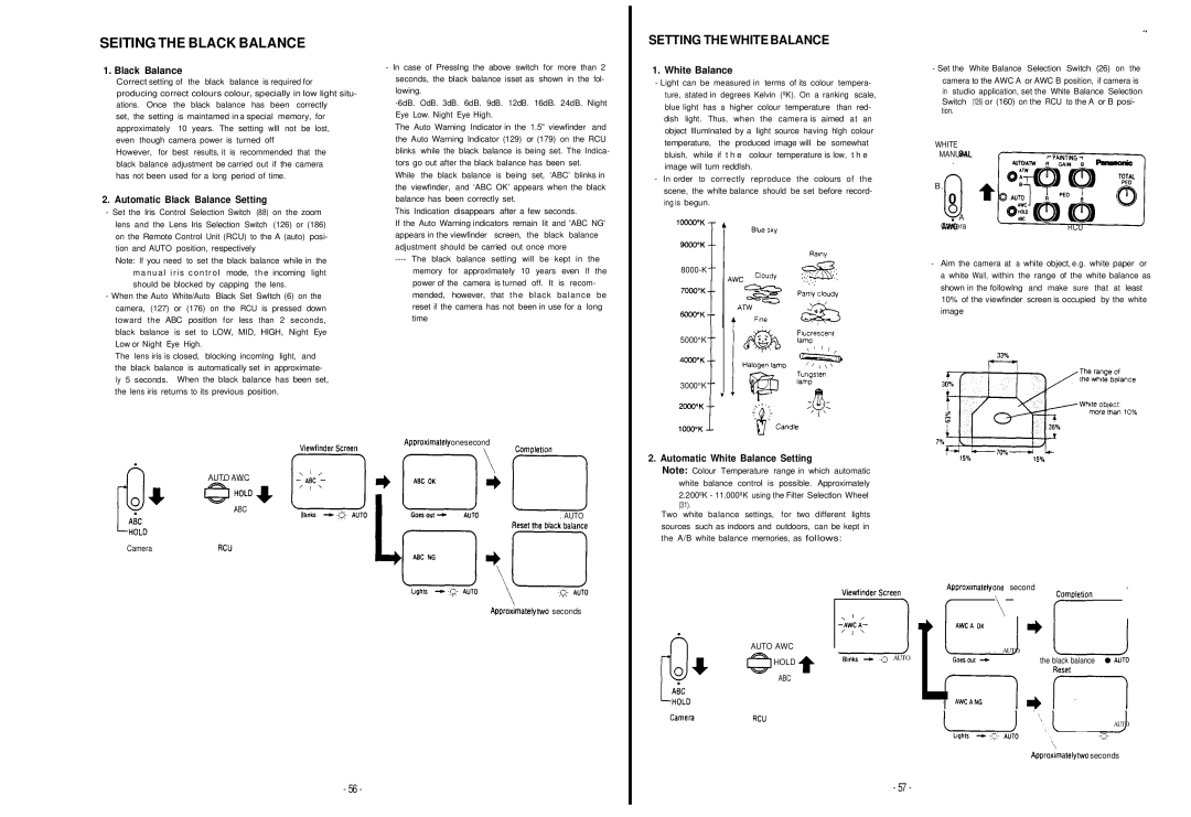 Panasonic AW-F575E manual Setting the White Balance, Automatic Black Balance Setting, Automatic White Balance Setting 