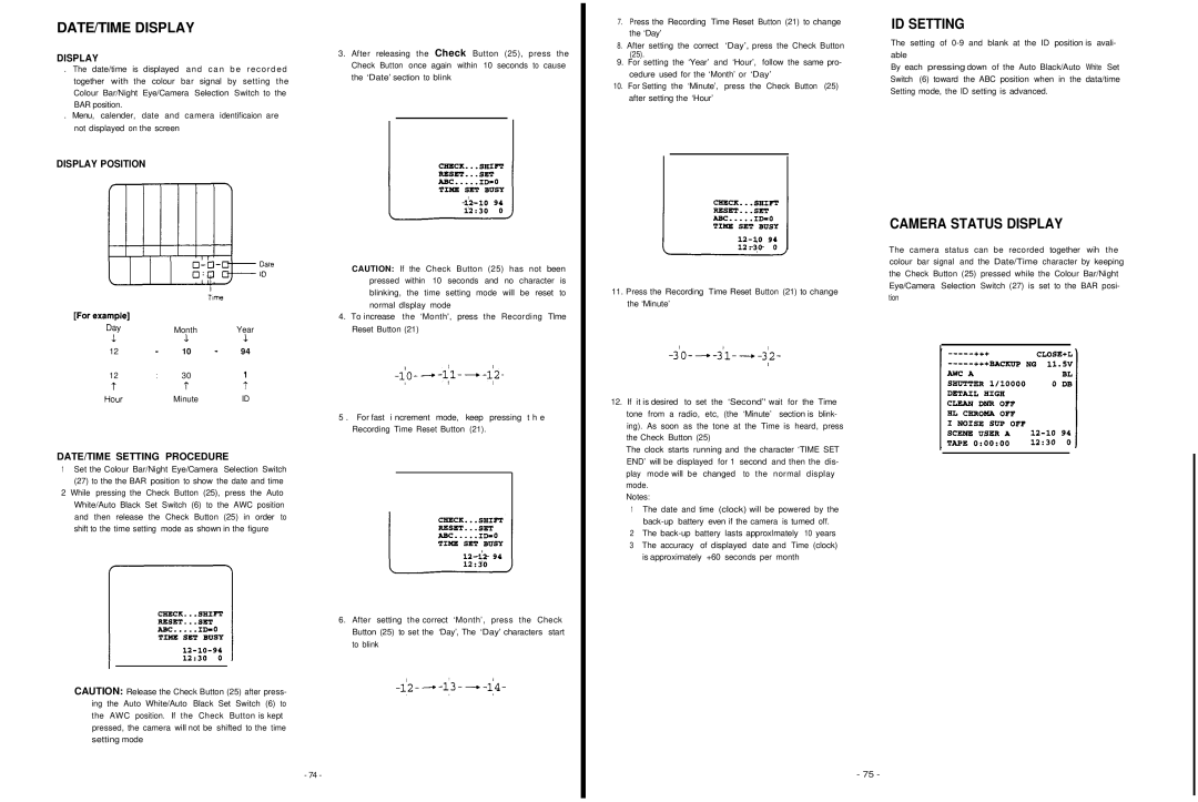 Panasonic AW-F575E manual DATE/TIME Display, ID Setting, Camera Status Display 