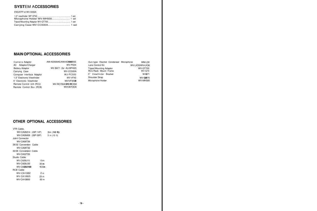 Panasonic AW-F575E manual System Accessories, Main Optional Accessories, Other Optional Accessories 