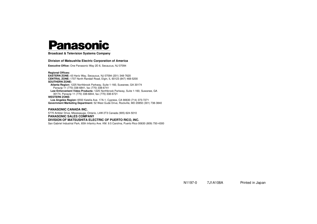 Panasonic AW-HB505 manual N1197-0 7J1A108A 