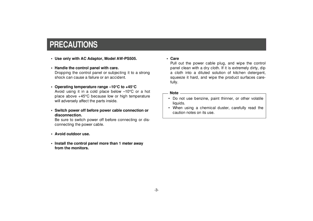 Panasonic AW-HB505 manual Precautions, Operating temperature range -10C to +45C 