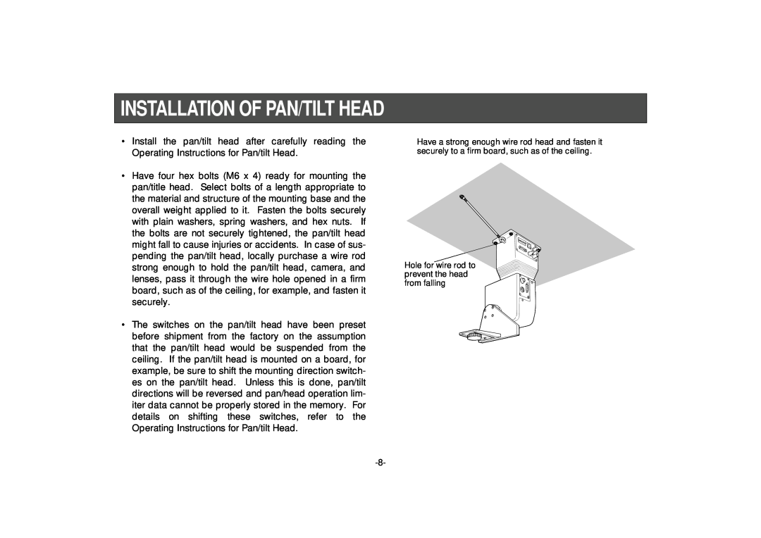 Panasonic AW-HB505 manual Installation Of Pan/Tilt Head, Hole for wire rod to prevent the head from falling 