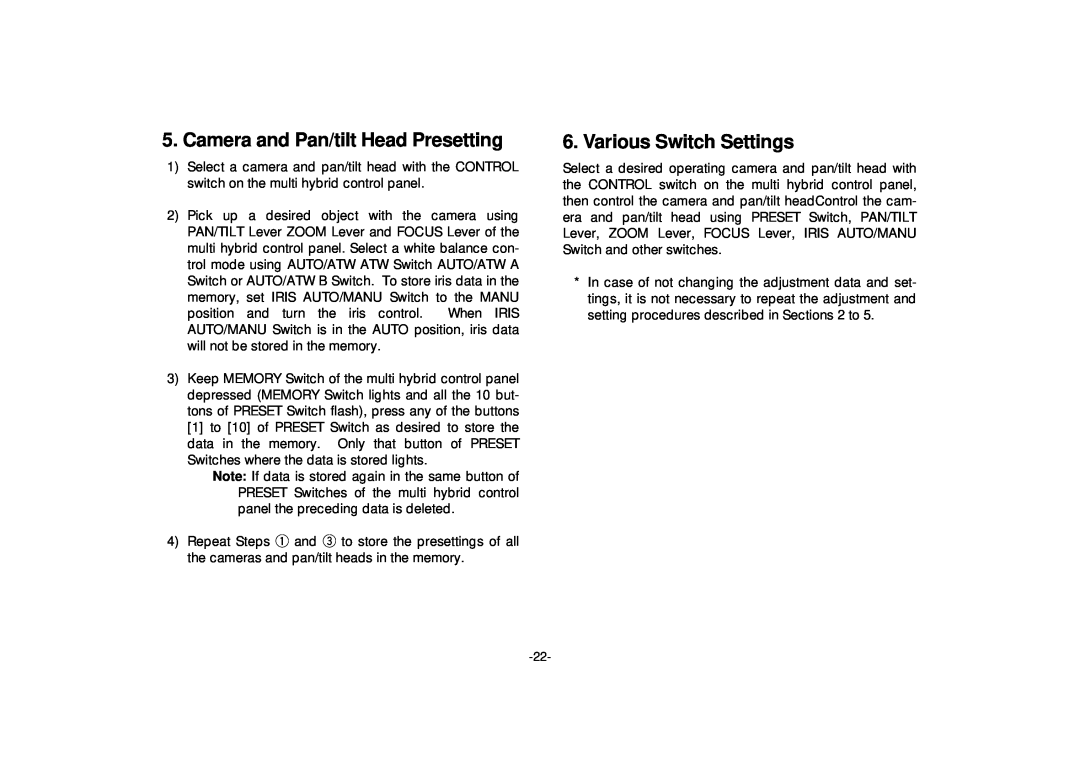 Panasonic AW-HB505 manual Camera and Pan/tilt Head Presetting, Various Switch Settings 