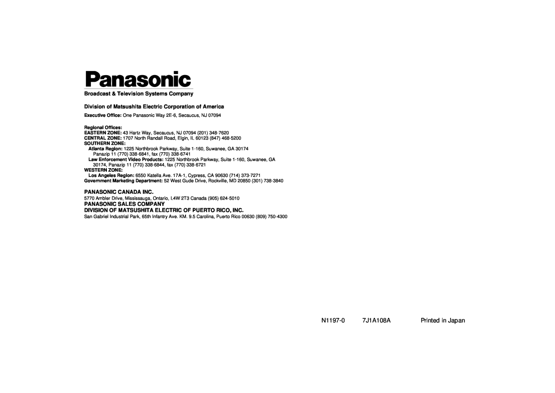 Panasonic AW-HB505 manual Broadcast & Television Systems Company, Division of Matsushita Electric Corporation of America 