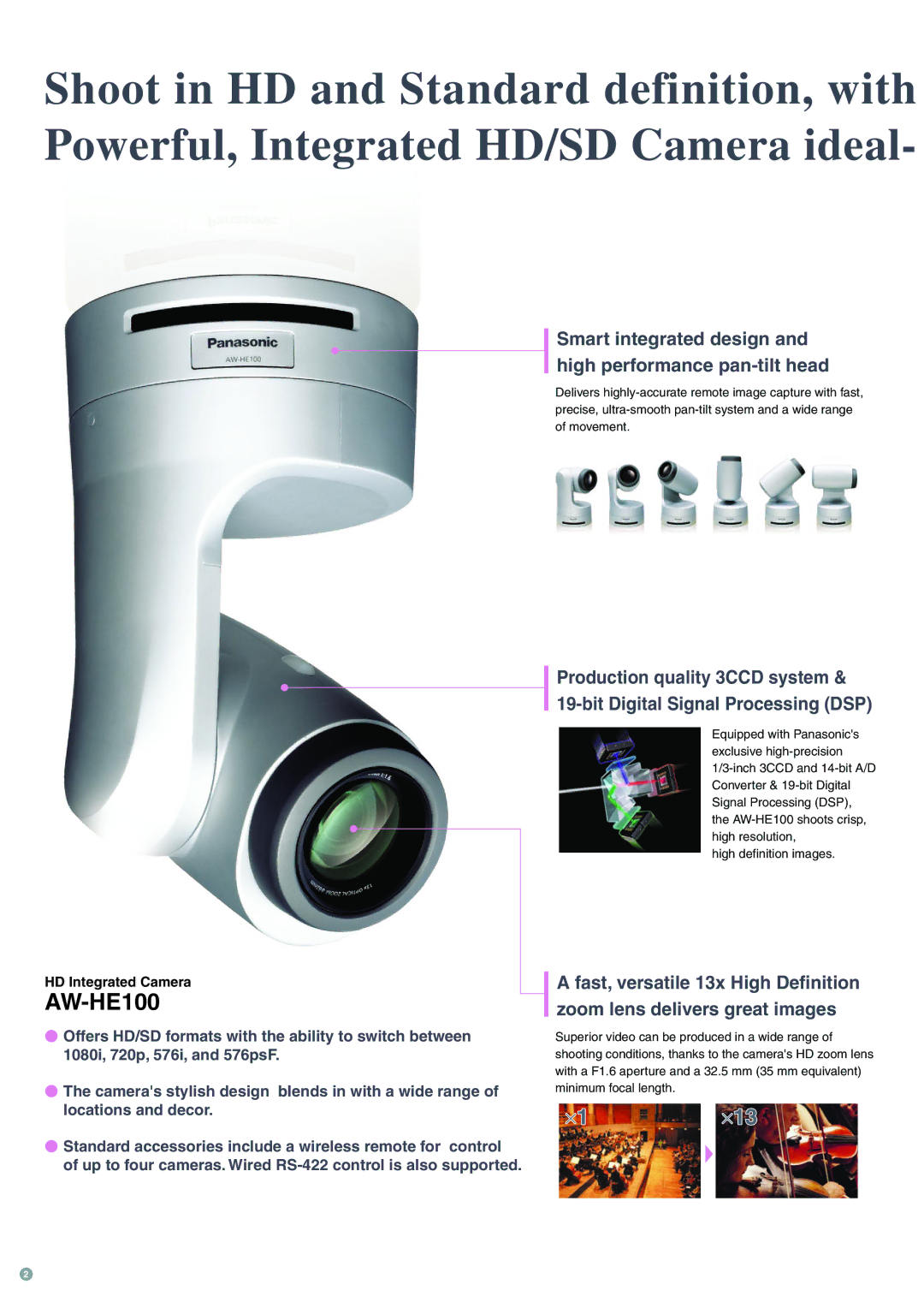 Panasonic AW-HE100 manual Smart integrated design and high performance pan-tilt head 