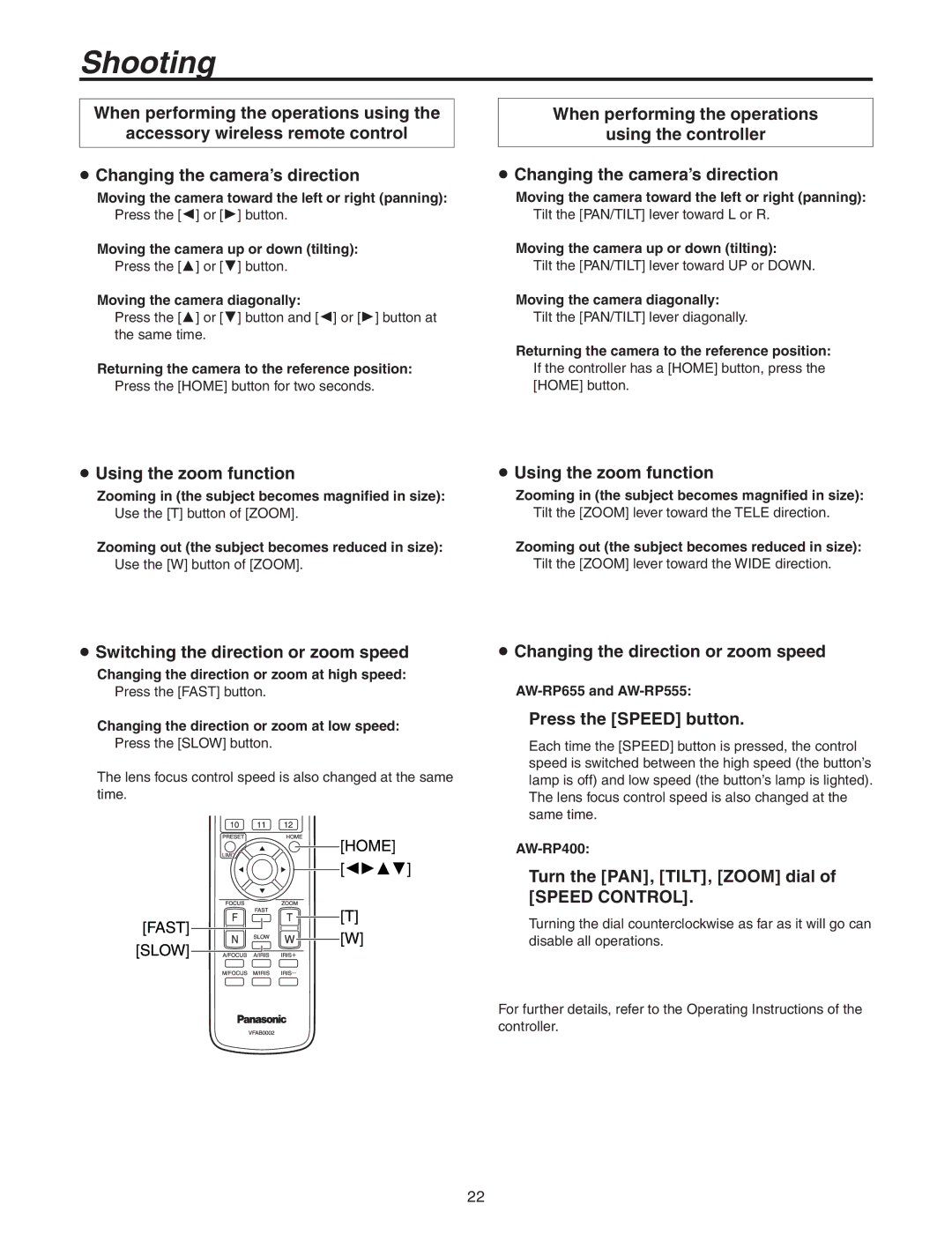 Panasonic AW-HE100N operating instructions Shooting 