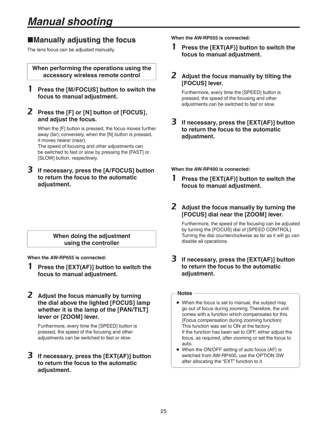 Panasonic AW-HE100N operating instructions Manual shooting, Manually adjusting the focus, When the AW-RP400 is connected 