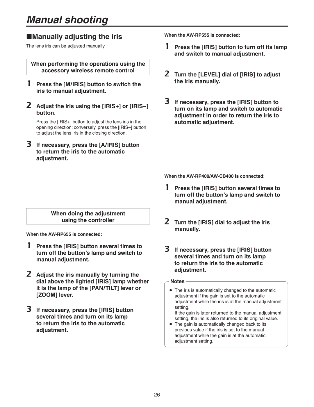 Panasonic AW-HE100N operating instructions Manually adjusting the iris, When the AW-RP400/AW-CB400 is connected 