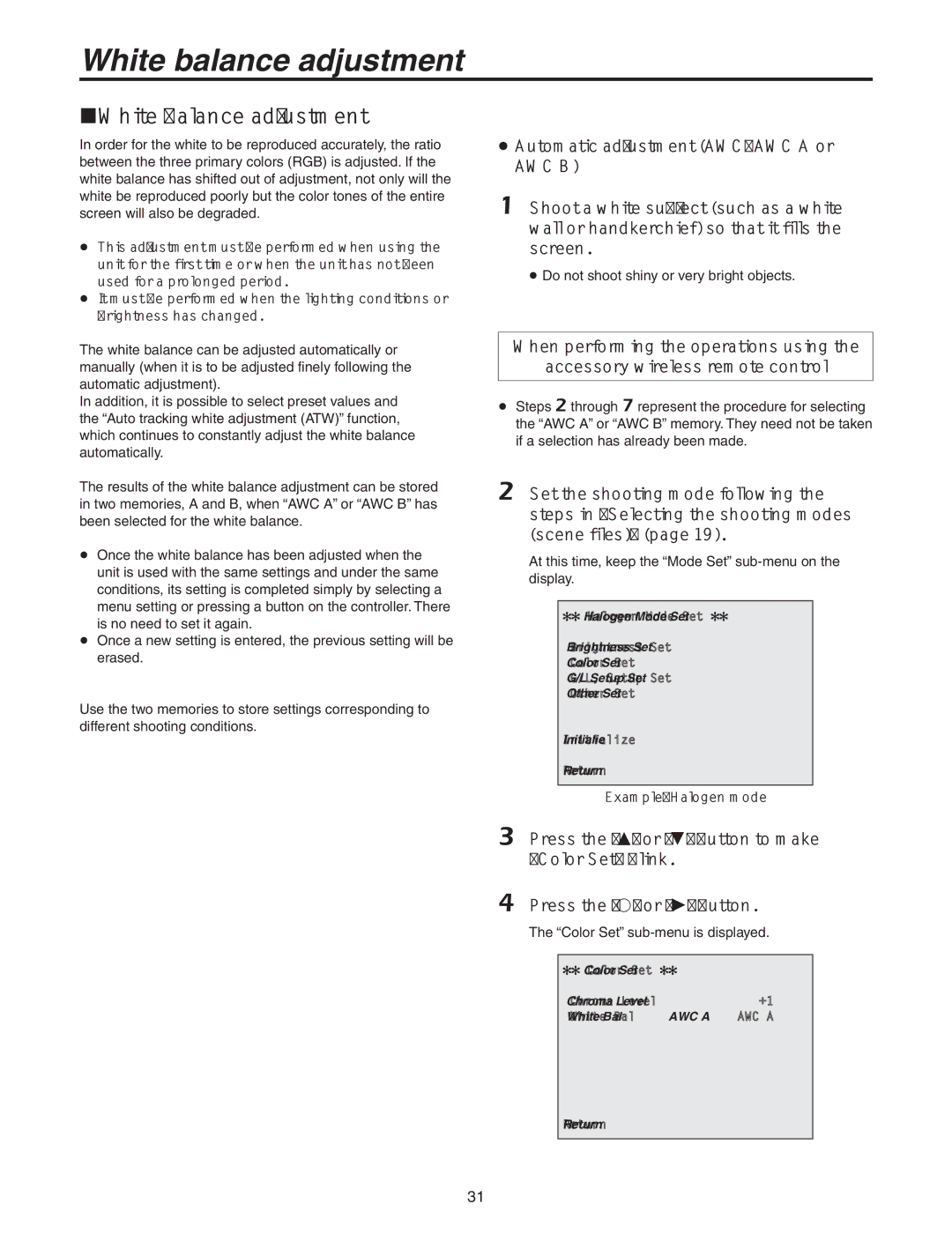 Panasonic AW-HE100N operating instructions White balance adjustment 