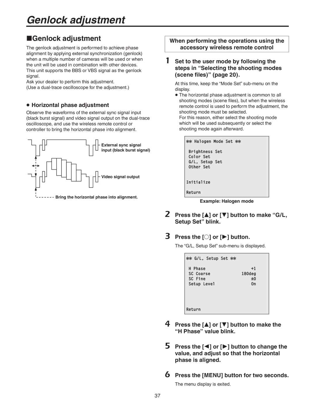 Panasonic AW-HE100N operating instructions Genlock adjustment,  Horizontal phase adjustment 