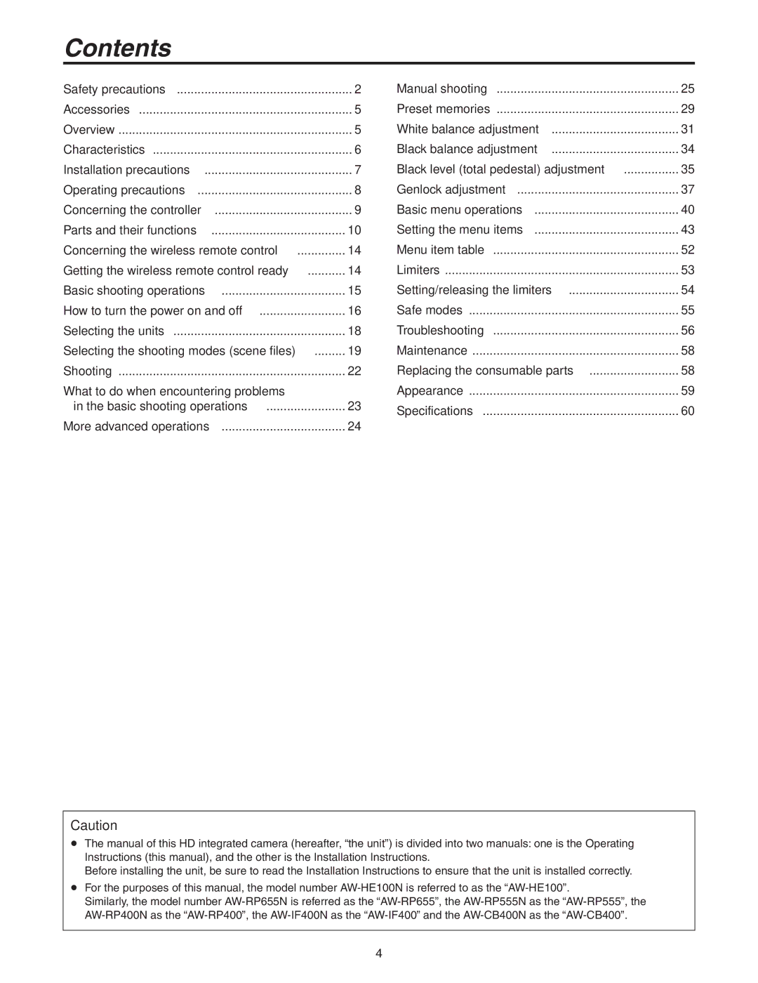 Panasonic AW-HE100N operating instructions Contents 