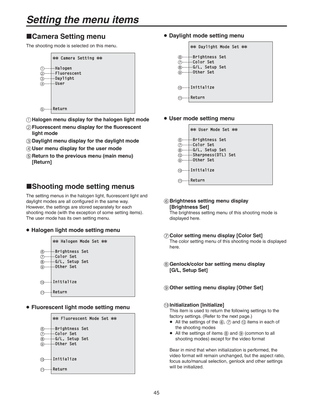 Panasonic AW-HE100N operating instructions Camera Setting menu, Shooting mode setting menus 