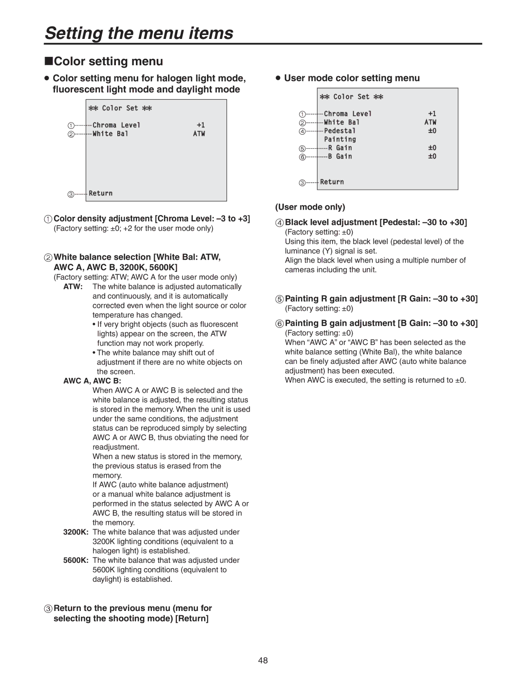 Panasonic AW-HE100N operating instructions Color setting menu,  User mode color setting menu 