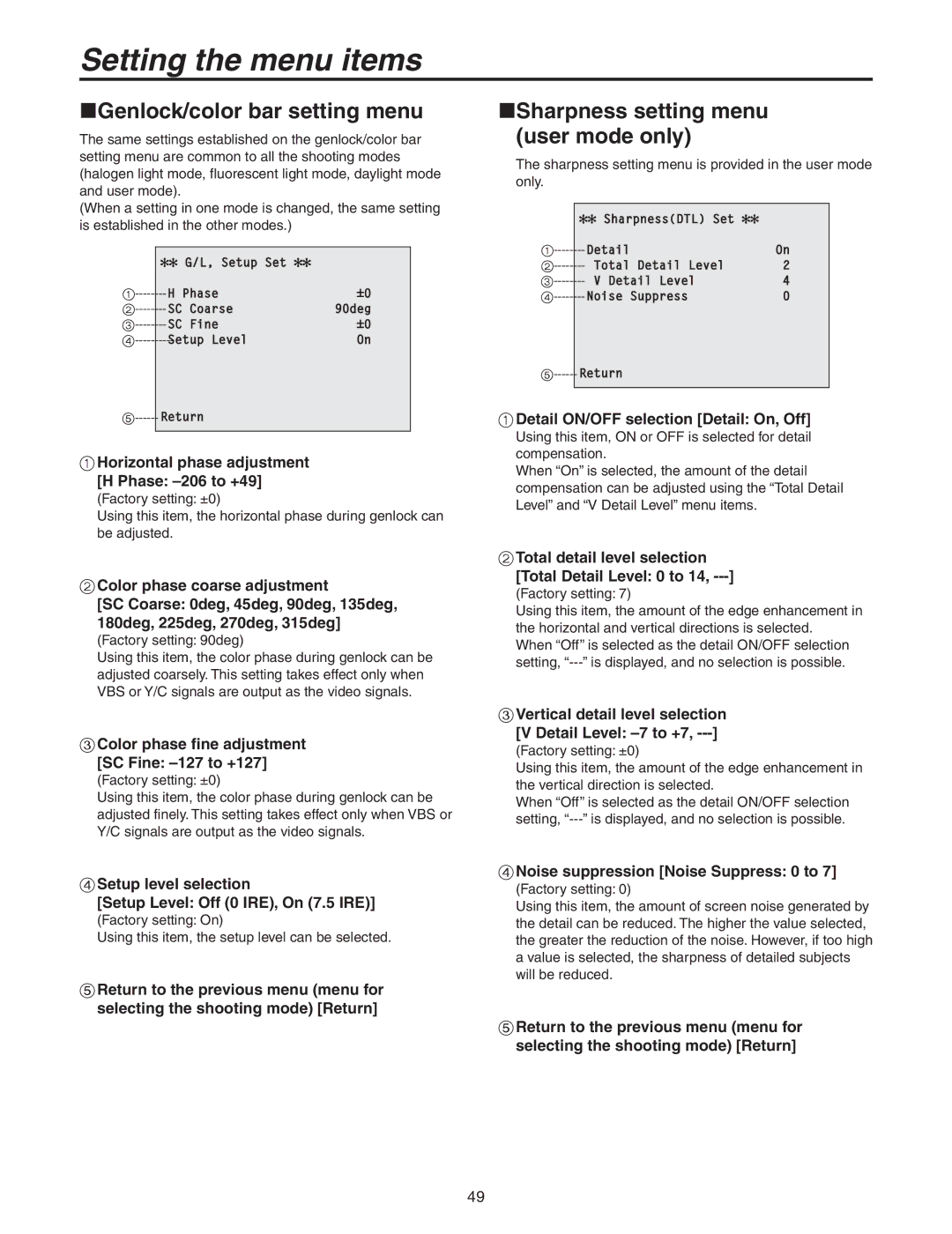 Panasonic AW-HE100N operating instructions Genlock/color bar setting menu, Sharpness setting menu user mode only 