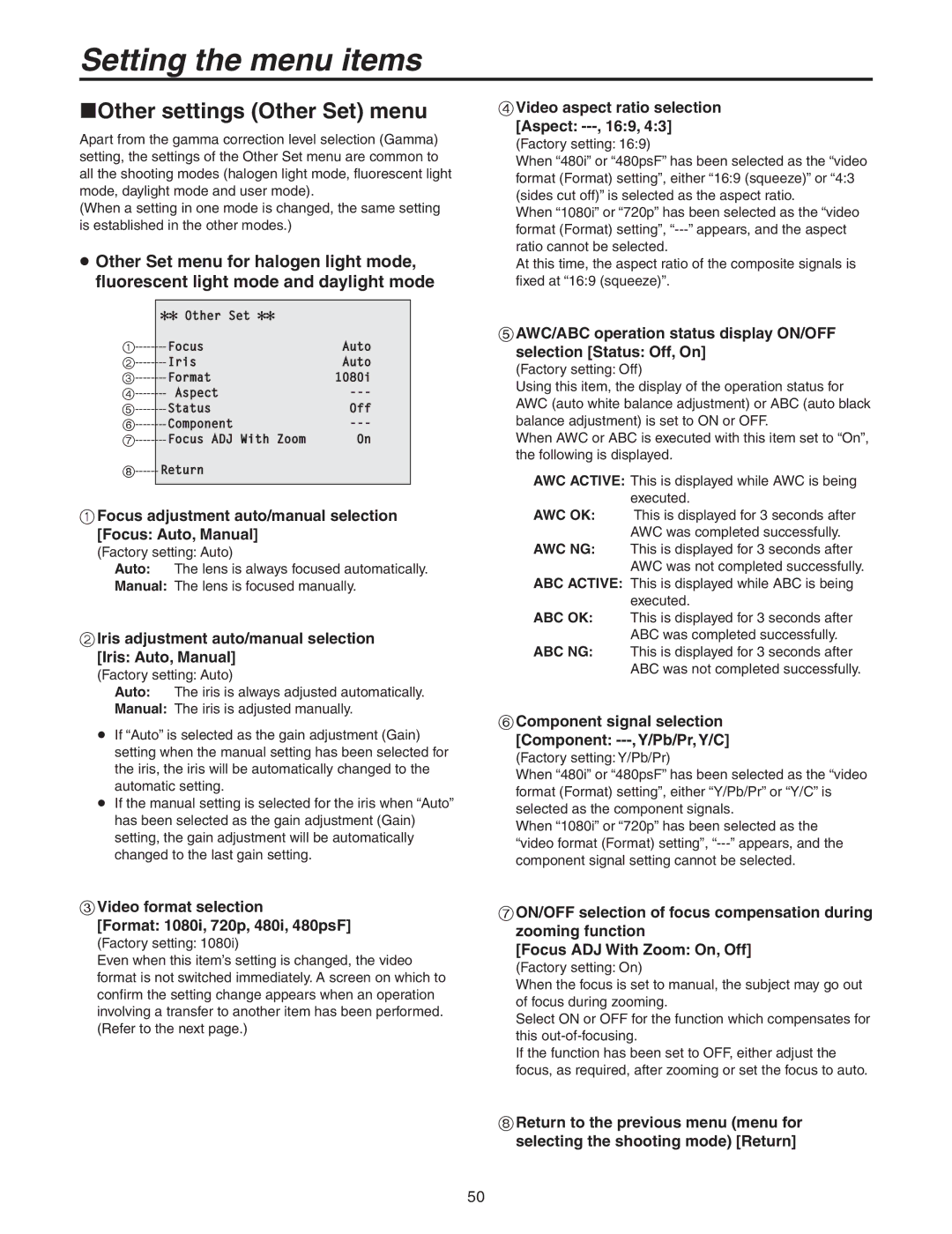 Panasonic AW-HE100N operating instructions Other settings Other Set menu 