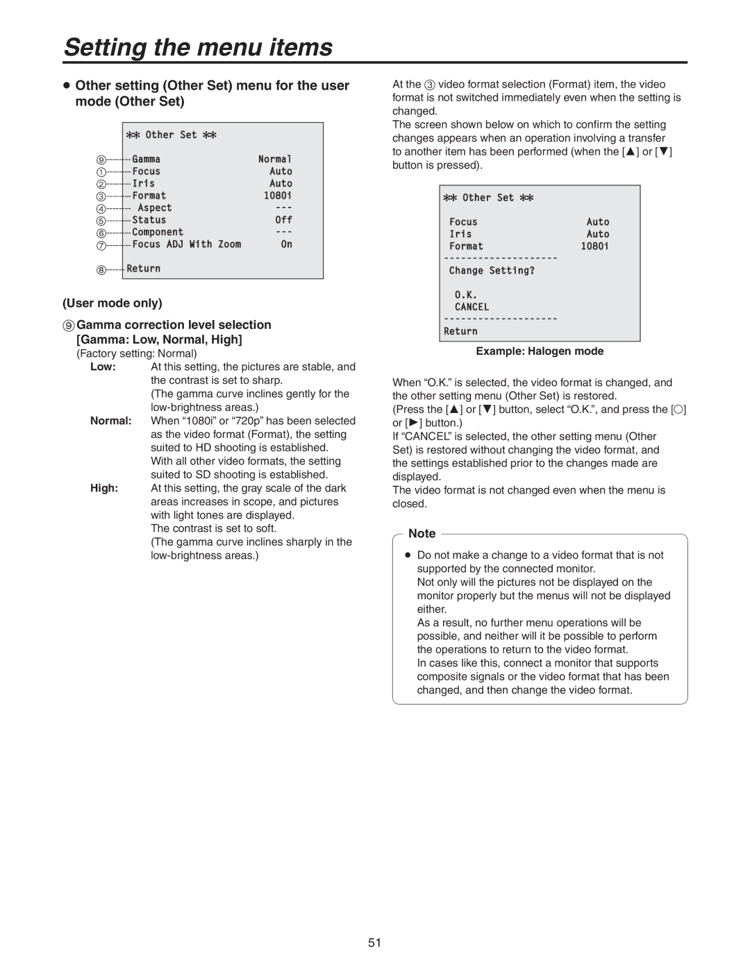 Panasonic AW-HE100N operating instructions  Other setting Other Set menu for the user mode Other Set, Example Halogen mode 