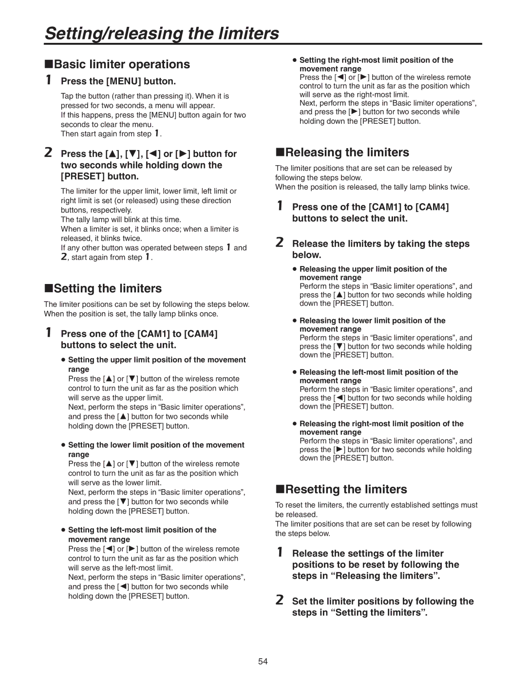 Panasonic AW-HE100N operating instructions Setting/releasing the limiters, Basic limiter operations, Setting the limiters 