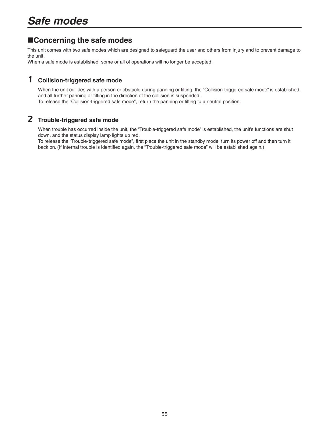 Panasonic AW-HE100N Safe modes, Concerning the safe modes, Collision-triggered safe mode, Trouble-triggered safe mode 