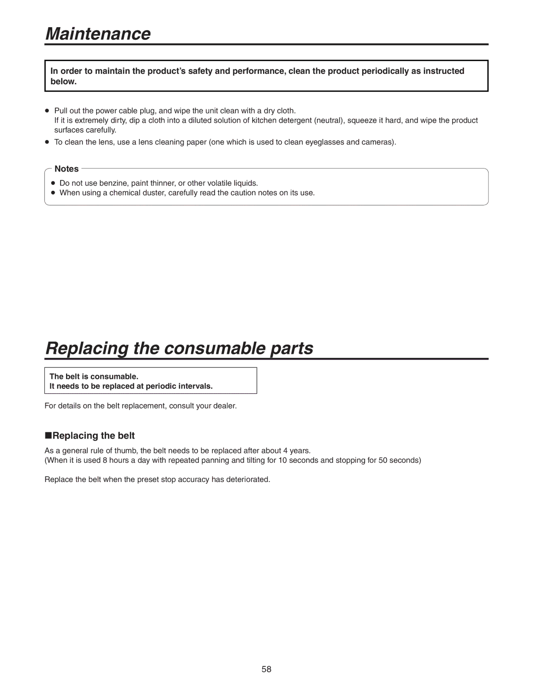 Panasonic AW-HE100N operating instructions Maintenance, Replacing the consumable parts, Replacing the belt 