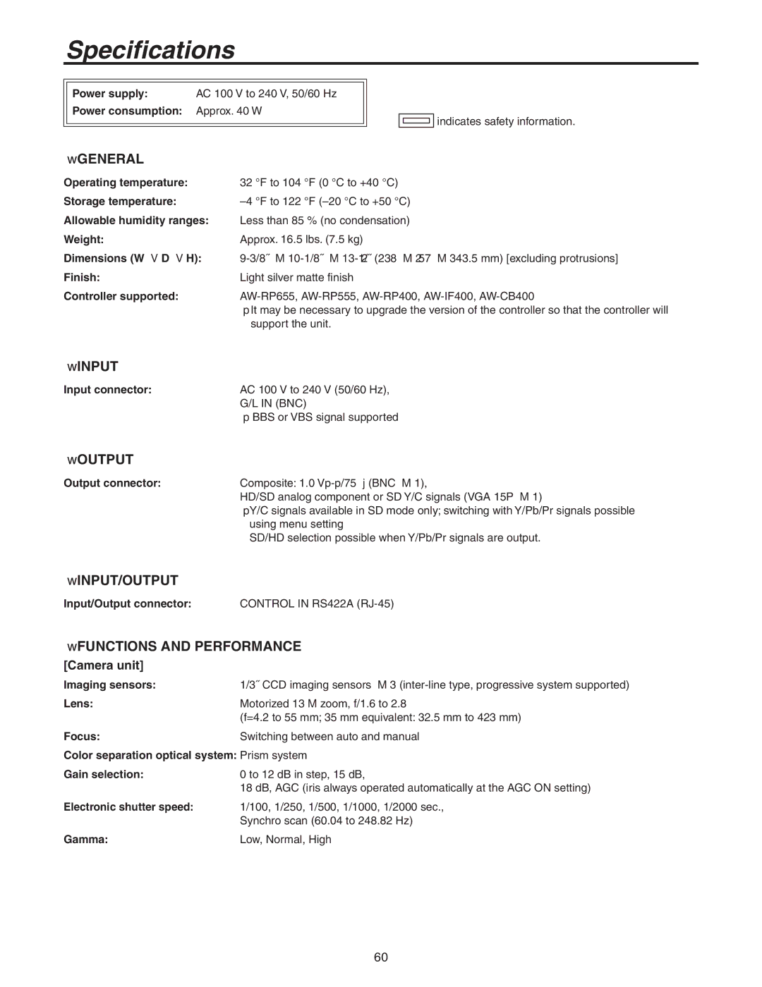 Panasonic AW-HE100N operating instructions Specifications, FUNCTIONS and Performance Camera unit 