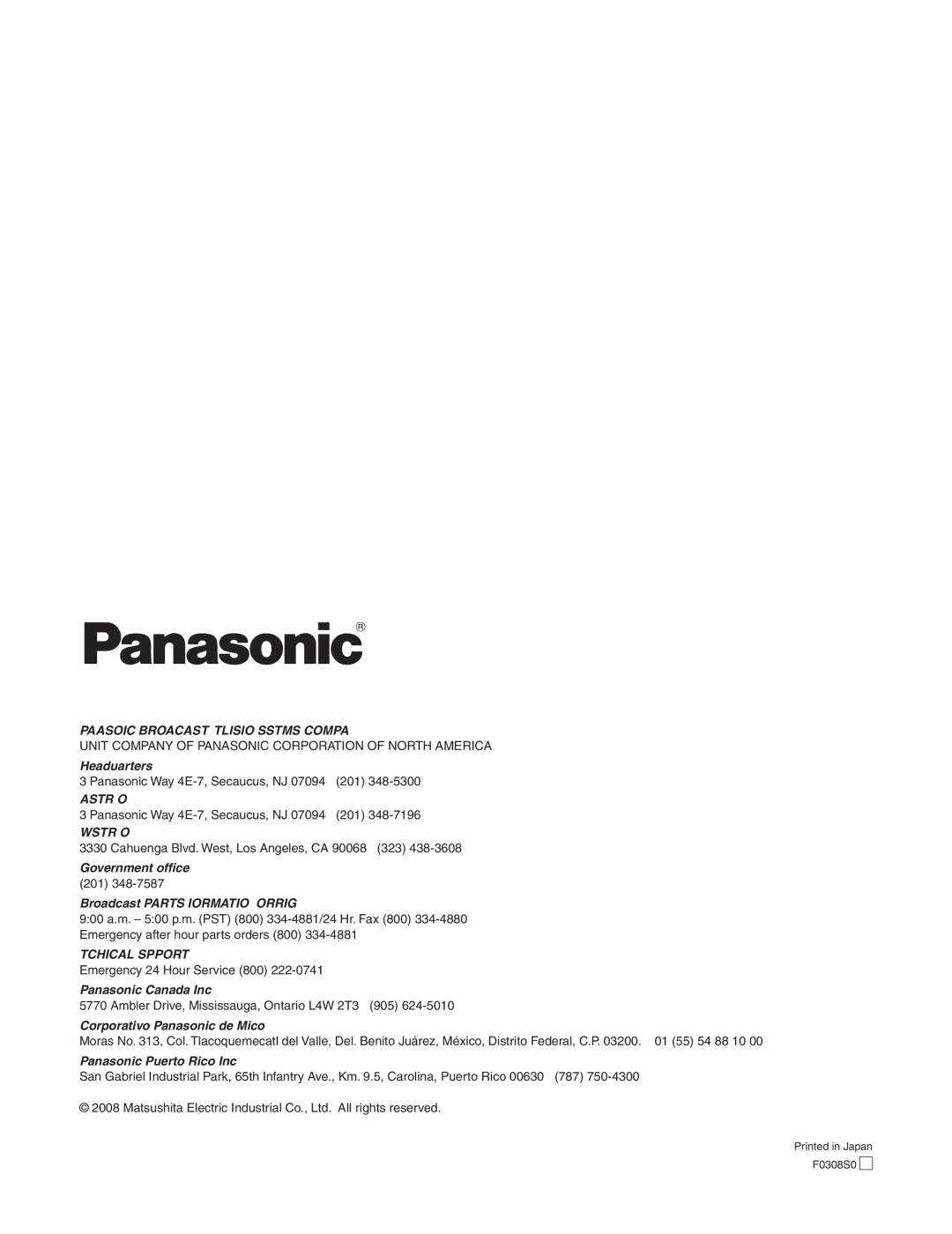 Panasonic AW-HE100N operating instructions Eastern Zone 