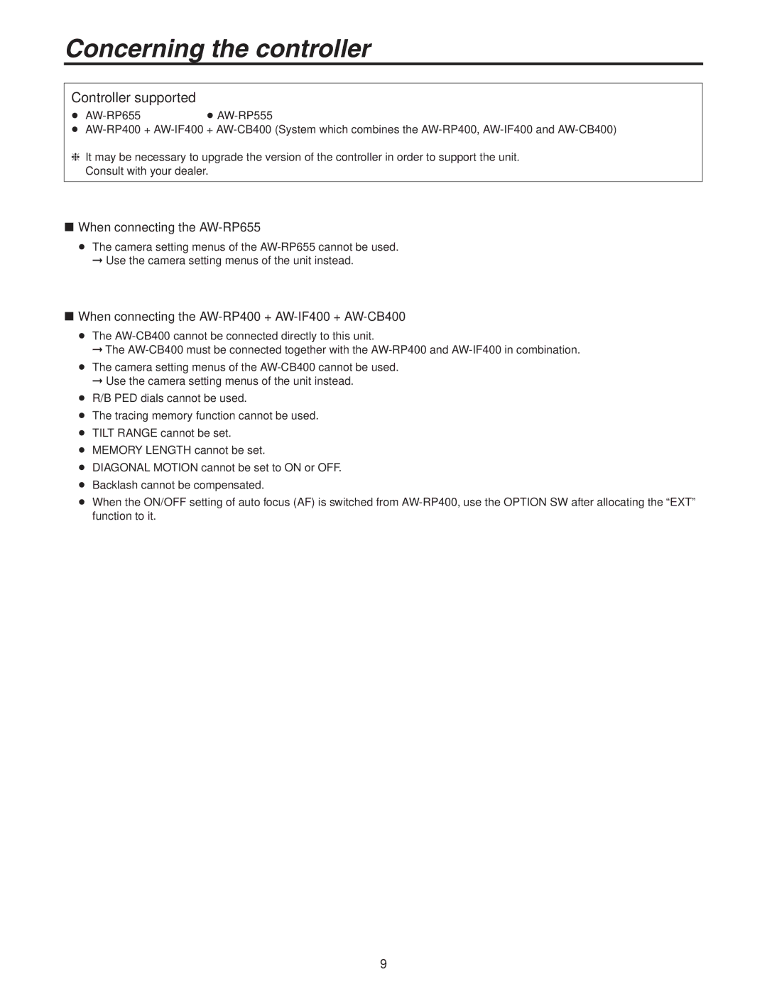 Panasonic AW-HE100N operating instructions Concerning the controller, Controller supported,  When connecting the AW-RP655 